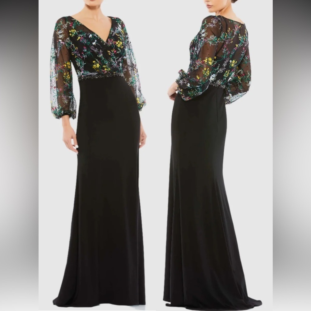 NEW Mac Duggal Black V neck Embroidered Illusion Long Puff Sleeve Gown Sz 16